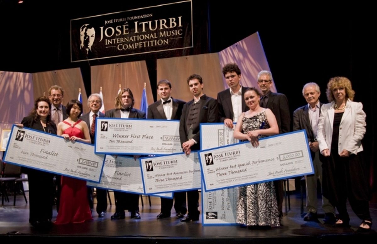 Donelle Dadigan (Co-Founder and President), Daniel Pollack (Chairman Piano Jury),  Claire Huangci (Finalist), Lalo Schifrin (Judge), Krystian Tkaczewski (Finalist), Stanislav Khristenko (First Prize Winner), Goran Filipec (American Prize), Vladimir Khomia at 